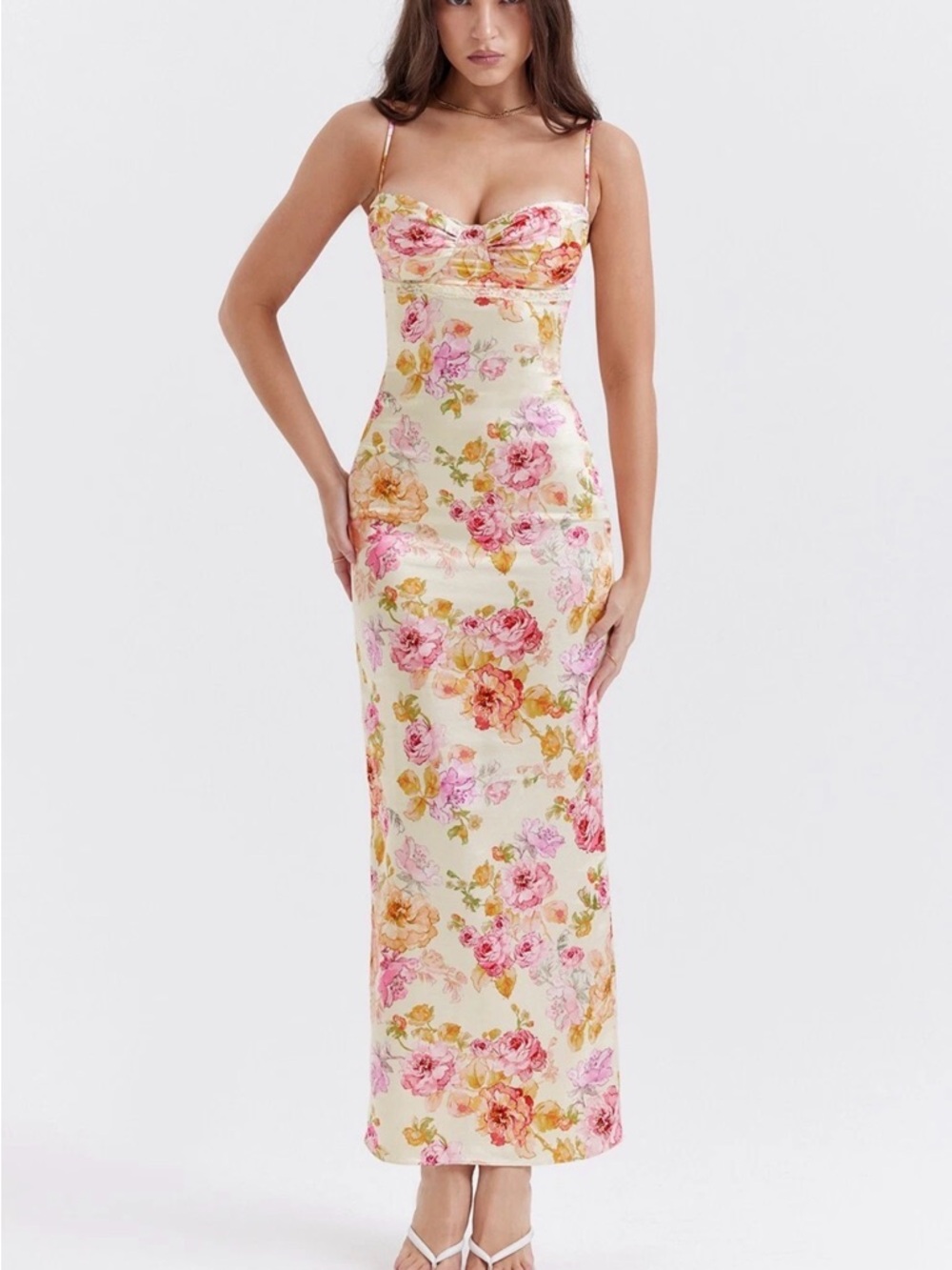Floral Satin Slip Dress in Cream and Pink